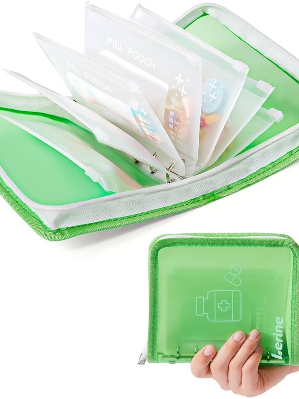 NEW Lerine 7-Day Zippered Pill Pouch Set with Ring Binder, BPA-Free, Green